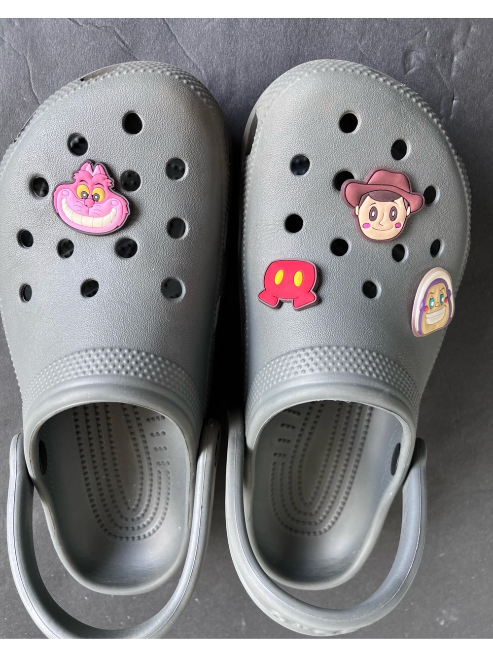 Crocs Grey Classic Clogs Disney  Toy Story Jibbitz Charms Men’s 5 Women’s 7
